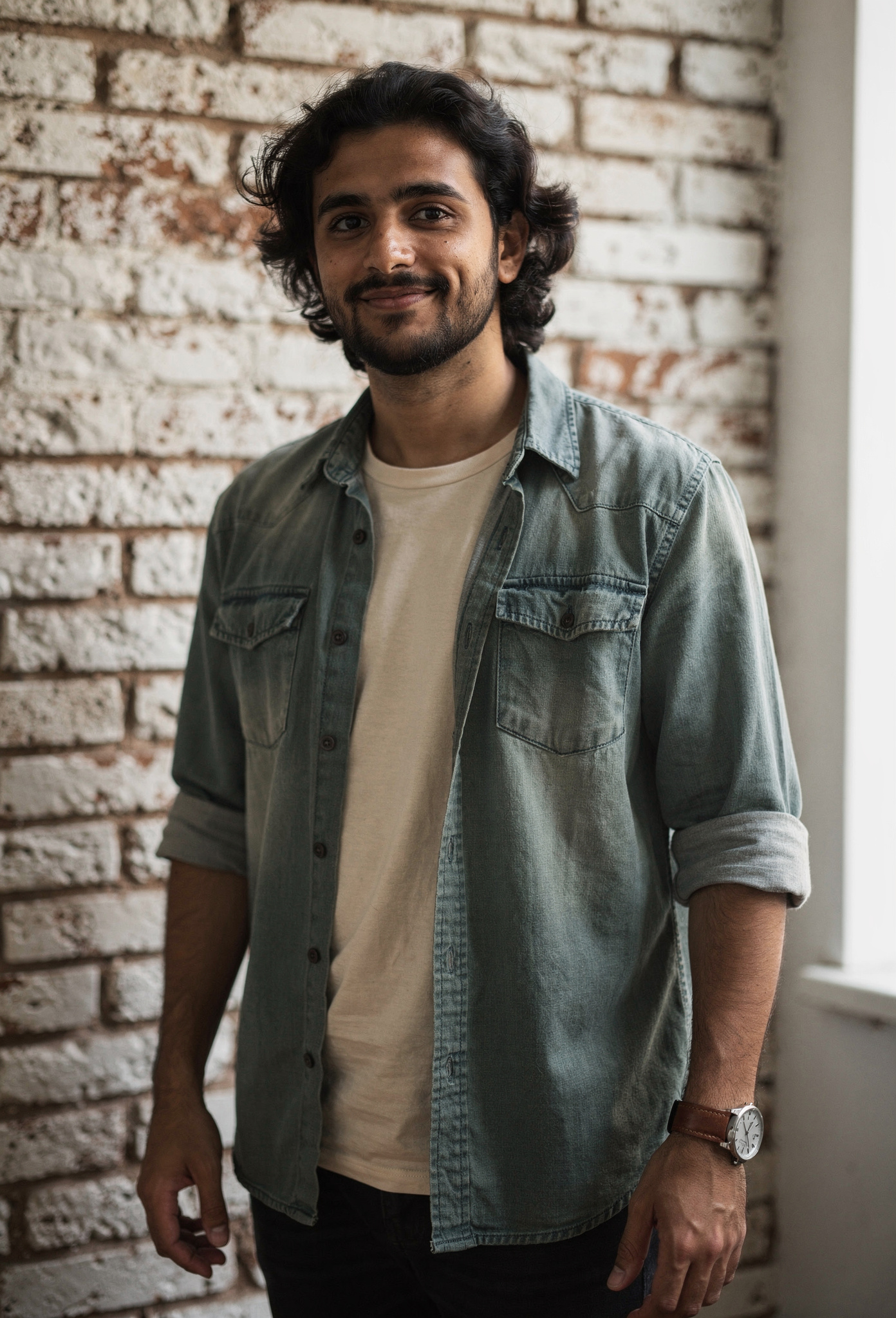 Fotoğraf yönetmeni Emre Tan tuğla duvar önünde portre