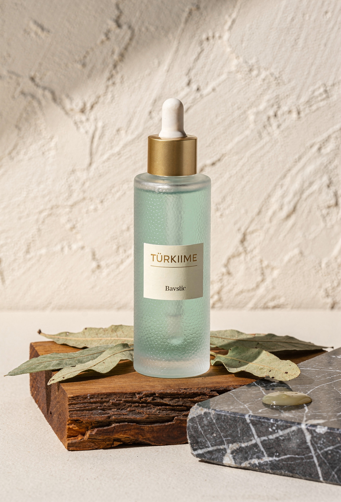 Tarçın rengi ahşap kaide üzerinde frosted cam serum şişesi
