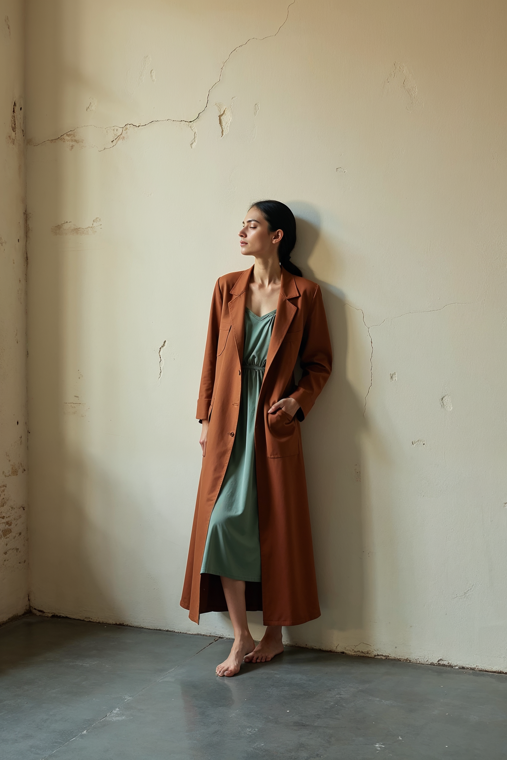 Atölyede tarçın rengi trençkotlu kadın model dikey editöryel kare